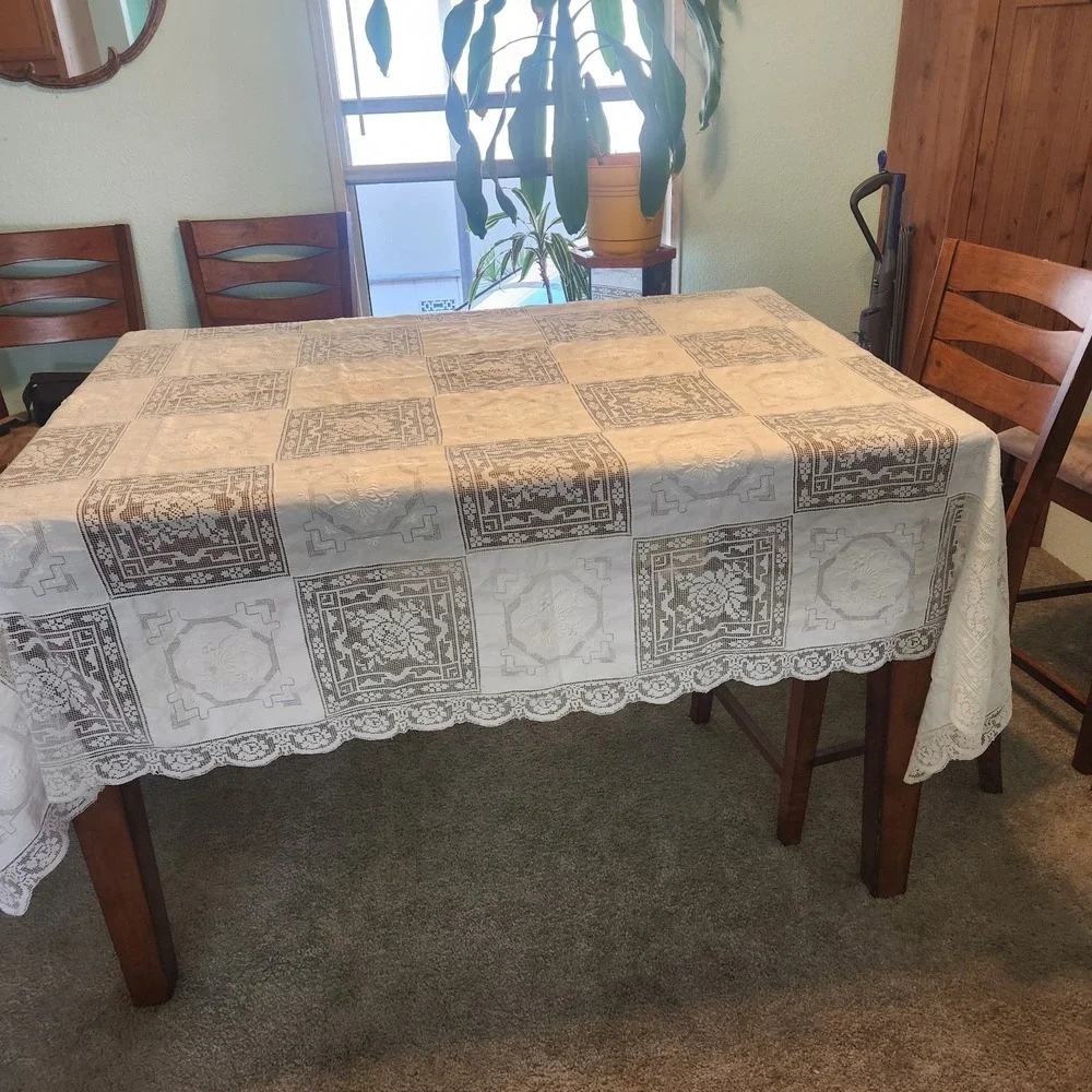 Vtg Filet Lace And Embroidered Panels Patchwork Tablecloth Cottagecore 66 X 88